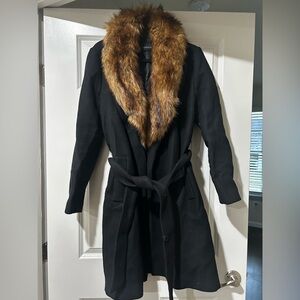Zara Black Trench Coat with Faux Fur Collar